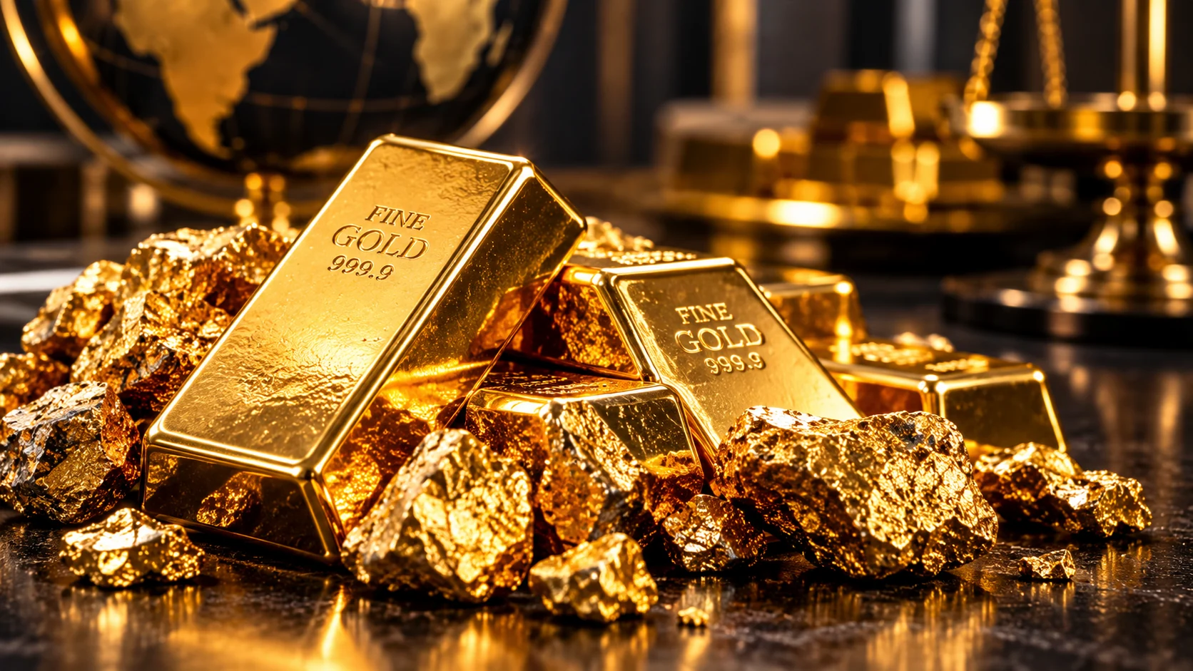 暗い背景に金の延べ棒と自然金のかけらを配置したイメージ画像。