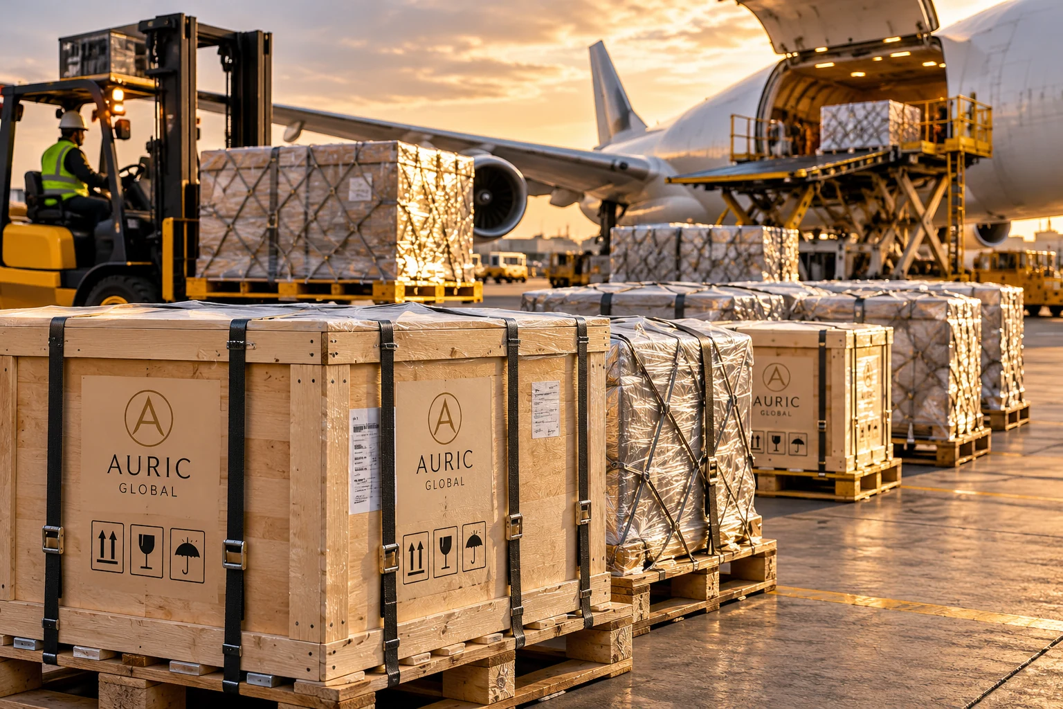 空港で航空機のそばに置かれたAuric Globalのロゴ入り木製貨物箱を描いたイメージ画像。